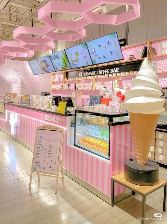 Whimsical Cafe Design with Playful Pink Palette and Engaging Features