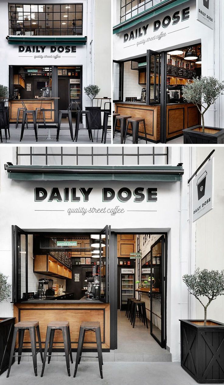 Modern Cafe Design: Inviting Facade with Natural Light, Cozy Atmosphere, and Urban Greenery