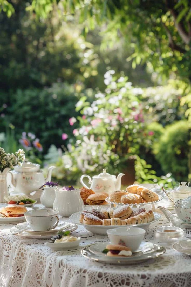 Charming Outdoor Cafe: Elegant Table Setting Amidst Lush Greenery and Vintage Lace